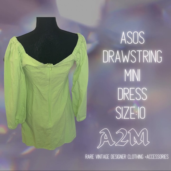 ASOS Draw String Off the Shoulder Lime Green Mini Dress Size 10 - Picture 2 of 11